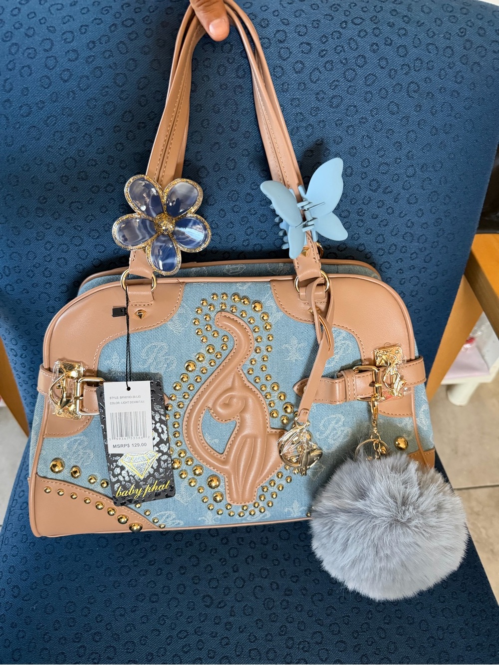 Fashion babyphat Leather-Trim Blue Denim large bag with Tan babyphat